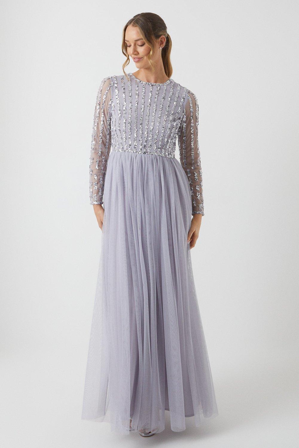 Linear Embellished Long Sleeve Bridesmaids Dress - Lilac Haze